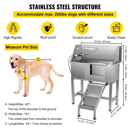VEVOR 34" Dog Grooming Tub, Right Pet Wash Station, Professional Stainless Steel Pet Grooming Tub Rated 220LBS Load Capacity, Non-Skid Dog Washing Station Come with Ramp, Faucet, Sprayer and Drain Kit