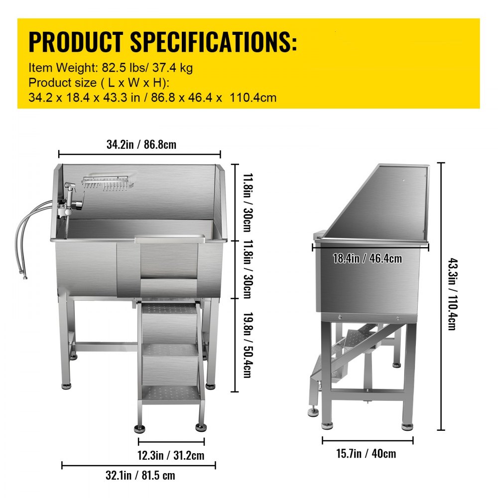 VEVOR 34" Dog Grooming Tub, Right Pet Wash Station, Professional Stainless Steel Pet Grooming Tub Rated 220LBS Load Capacity, Non-Skid Dog Washing Station Come with Ramp, Faucet, Sprayer and Drain Kit