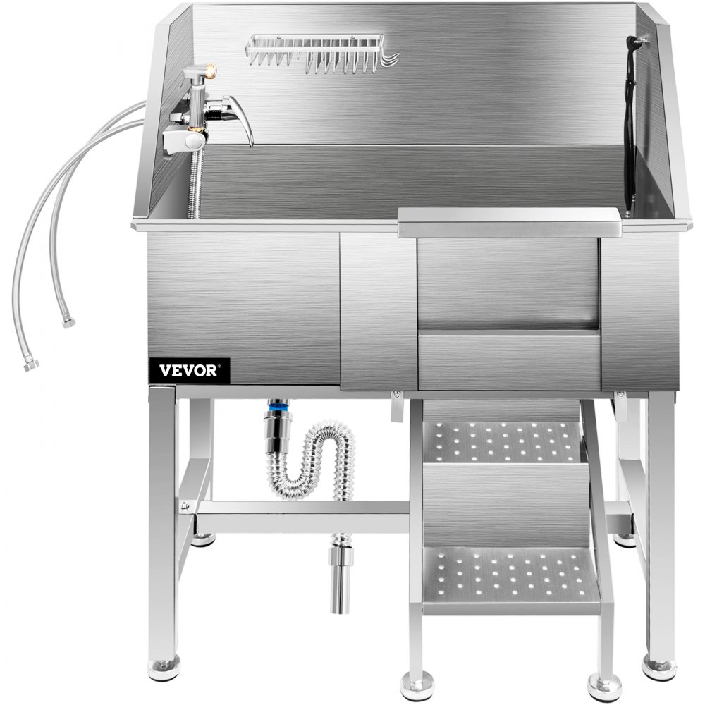 VEVOR Pet Grooming Tub, Stainless Steel Dog Wash Station 200LBS Load Pet Washing Station 34" Dog Washing Station Water-Resistant Grooming Tub for Dogs with Removable Door & Ladder on the Right