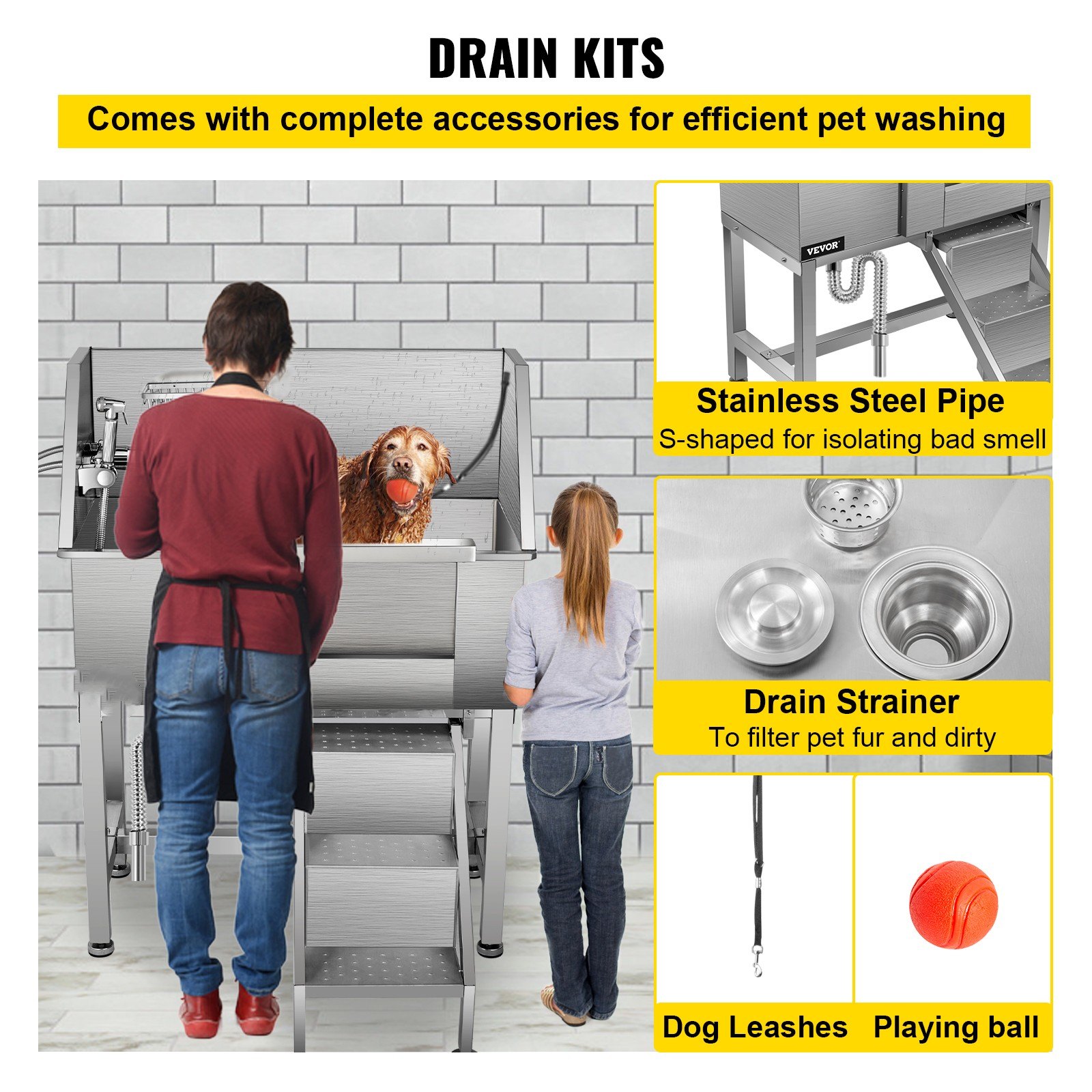 VEVOR Pet Grooming Tub, Stainless Steel Dog Wash Station 200LBS Load Pet Washing Station 34" Dog Washing Station Water-Resistant Grooming Tub for Dogs with Removable Door & Ladder on the Right