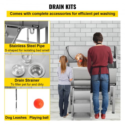 VEVOR Pet Grooming Tub, Stainless Steel Dog Wash Station 200LBS Load Pet Washing Station 34" Dog Washing Station Water-Resistant Grooming Tub for Dogs with Removable Door & Ladder on the Left
