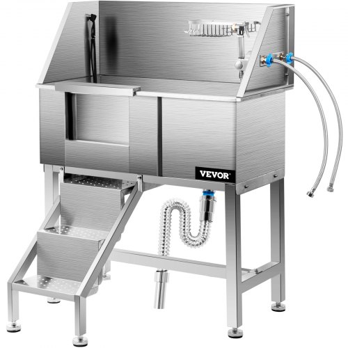 VEVOR Pet Grooming Tub, Stainless Steel Dog Wash Station 200LBS Load Pet Washing Station 34" Dog Washing Station Water-Resistant Grooming Tub for Dogs with Removable Door & Ladder on the Left