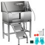 VEVOR pet grooming tub with steps, sprayer, and blue grooming gloves.