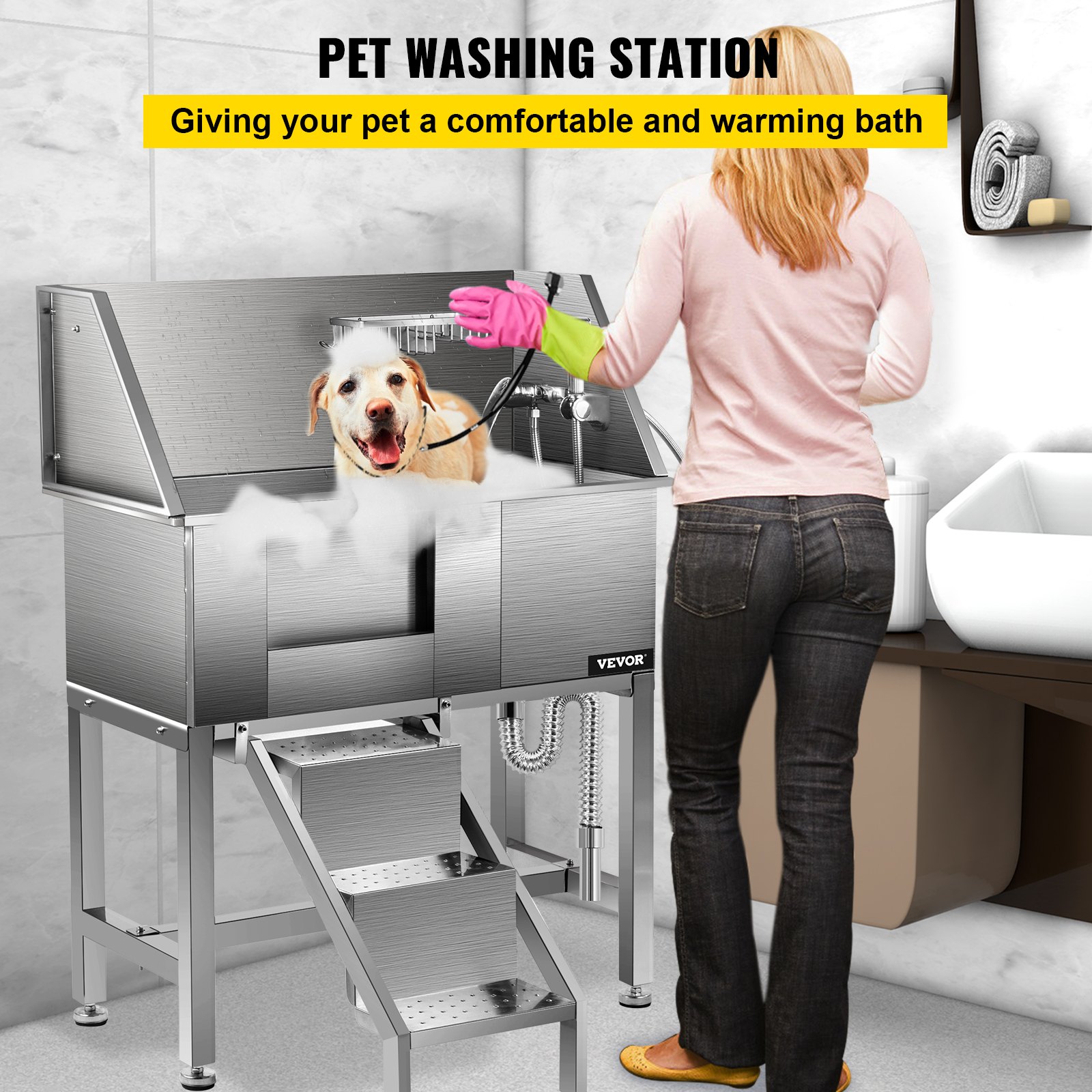 VEVOR Pet Grooming Tub, Stainless Steel Dog Wash Station 200LBS Load Pet Washing Station 34" Dog Washing Station Water-Resistant Grooming Tub for Dogs with Removable Door & Ladder on the Left