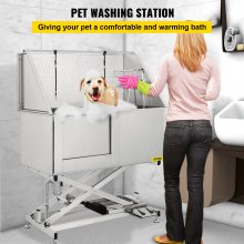VEVOR 50" Electric Pet Dog Grooming Tub Stainless Steel X-Style Electric Lift Height Dog Bath Tub Pet Washing Station with High Pressure Sprayer and Plate Dog Wash Tub Left Door