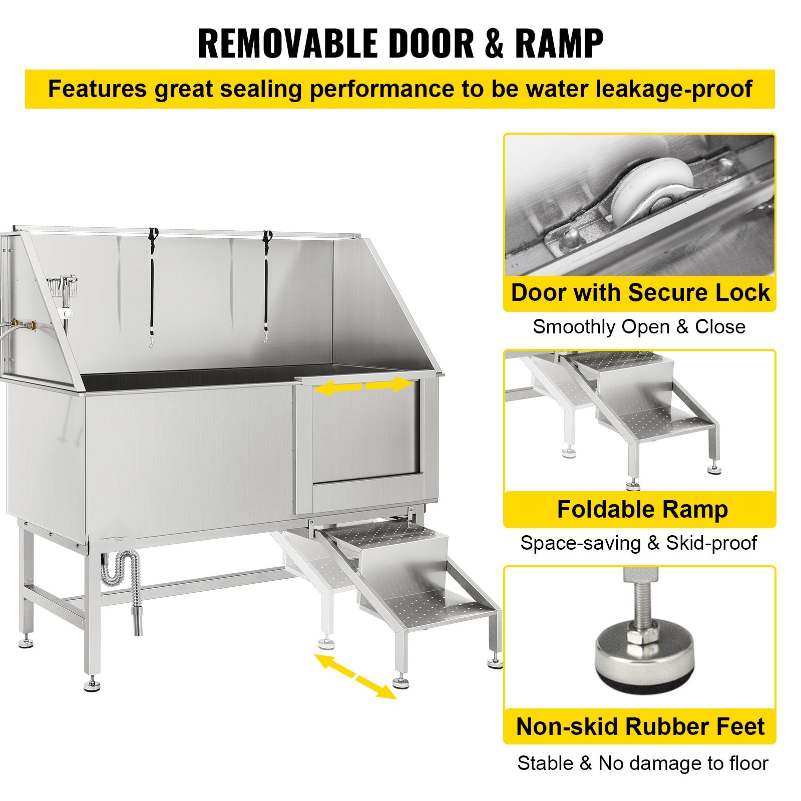 VEVOR Professional Dog Grooming Tub,  62 inch Stainless Steel Pet Bathing Tub, 661 Lbs Load Large Dog Wash Tub with Faucet Walk-in Ramp Accessories, Dog Washing Station Pet Bath Tub Right Sliding Door