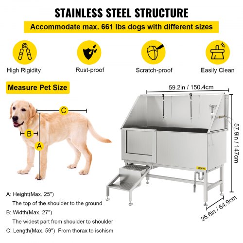 VEVOR Professional Dog Grooming Tub, 62 inch Stainless Steel Pet Bathing Tub, 661 Lbs Load Large Dog Wash Tub with Faucet Walk-in Ramp Accessories, Dog Washing Station Pet Bath Tub Left Sliding Door