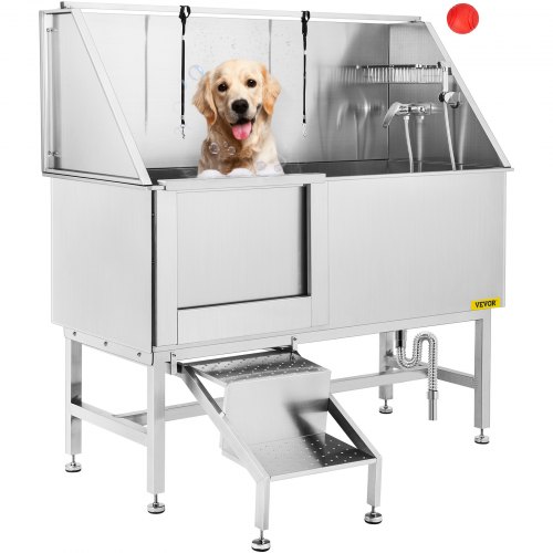 VEVOR Professional Dog Grooming Tub, 62 inch Stainless Steel Pet Bathing Tub, 661 Lbs Load Large Dog Wash Tub with Faucet Walk-in Ramp Accessories, Dog Washing Station Pet Bath Tub Left Sliding Door