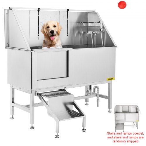 VEVOR Professional Dog Grooming Tub, 62 inch Stainless Steel Pet Bathing Tub, 661 Lbs Load Large Dog Wash Tub with Faucet Walk-in Ramp Accessories, Dog Washing Station Pet Bath Tub Left Sliding Door