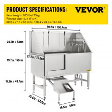 VEVOR 62 inch Professional Dog Grooming Tub Stainless Steel Pet Bathing Tub Large Dog Wash Tub with Faucet Walk-in Ramp Accessories Dog Washing Station Pet Bath Tub