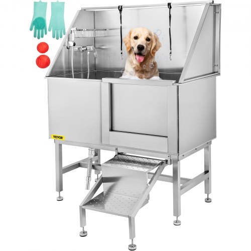 VEVOR 50inch Dog Grooming Tub Baths Dog Grooming Bath Stainless Steel Dog Baths for Large Dogs with Steps Faucet  Dog Washing Station Right Door