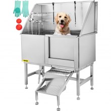 VEVOR 50inch Dog Grooming Tub Baths Dog Grooming Bath Stainless Steel Dog Baths for Large Dogs with Steps Faucet  Dog Washing Station Right Door