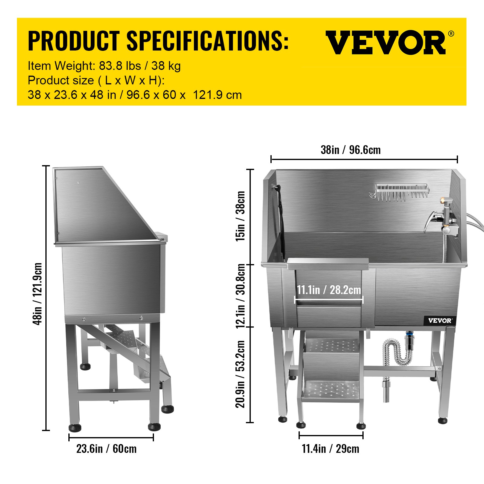 VEVOR Pet Dog Grooming Bath Tub Dog Wash Tub 38"L Stainless Steel Shower Salon
