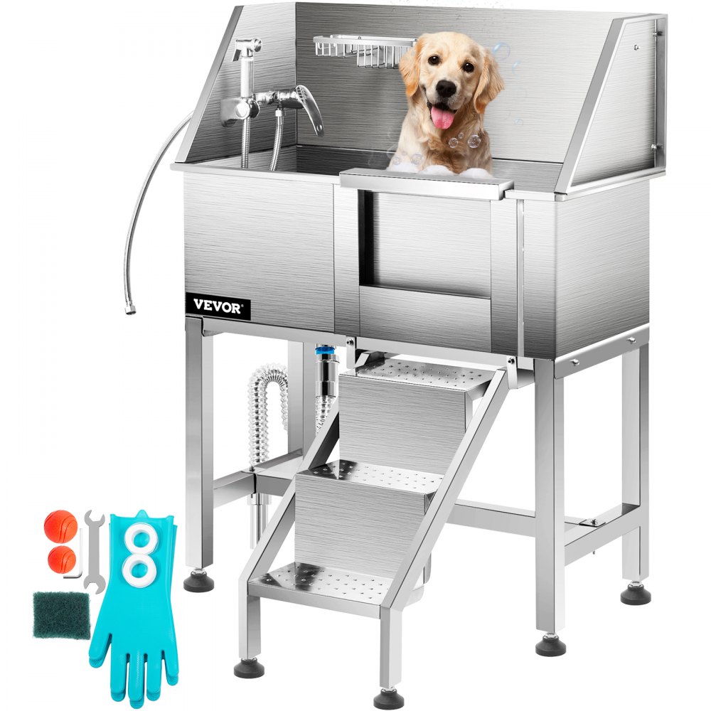 Bañera de aseo para perros VEVOR, estación de lavado para mascotas de 50  pulgadas de largo, bañera profesional de acero inoxidable para mascotas con
