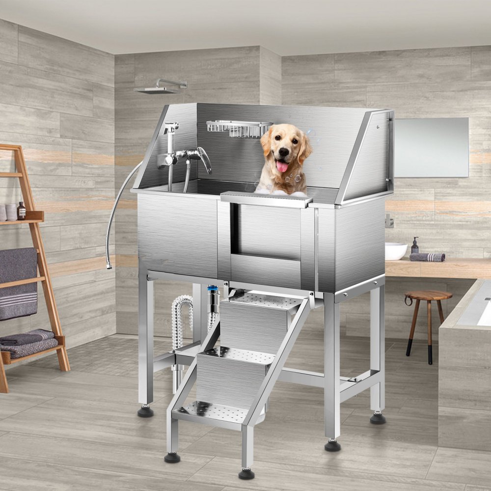 VEVOR Dog Grooming Tub, 38\" Pet Wash Station, Professional Stainless Steel Pet Grooming Tub Rated 180LBS Load Capacity, Non-Skid Dog Washing Station Comes with Ramp, Faucet, Sprayer and Drain Kit