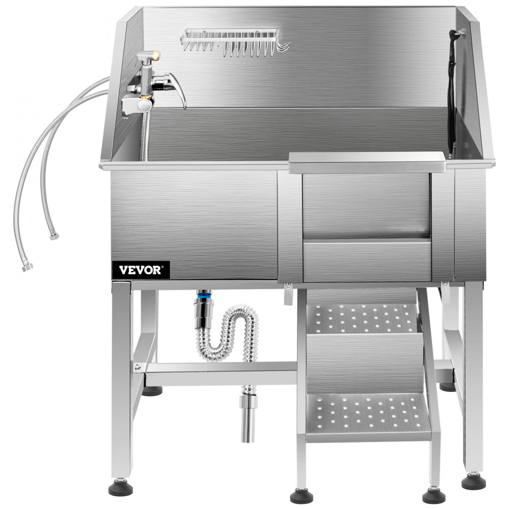VEVOR Dog Grooming Tub, 38\" Pet Wash Station, Professional Stainless Steel Pet Grooming Tub Rated 180LBS Load Capacity, Non-Skid Dog Washing Station Comes with Ramp, Faucet, Sprayer and Drain Kit