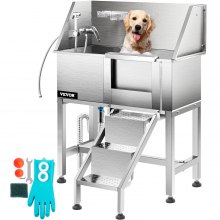 VEVOR Dog Grooming Tub, 38\" Pet Wash Station, Professional Stainless Steel Pet Grooming Tub Rated 180LBS Load Capacity, Non-Skid Dog Washing Station Comes with Ramp, Faucet, Sprayer and Drain Kit