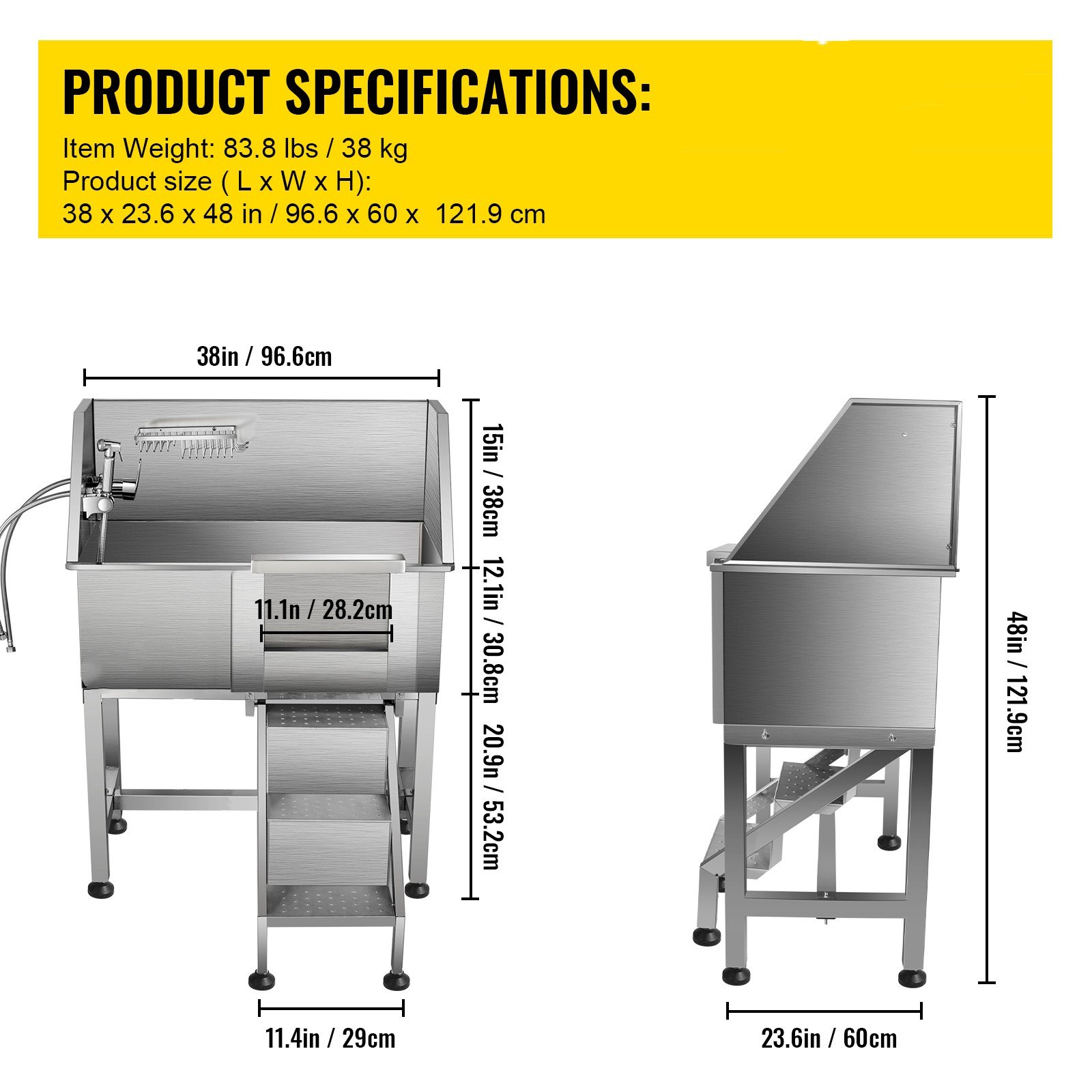 VEVOR Dog Grooming Tub, 38\" Pet Wash Station, Professional Stainless Steel Pet Grooming Tub Rated 180LBS Load Capacity, Non-Skid Dog Washing Station Comes with Ramp, Faucet, Sprayer and Drain Kit