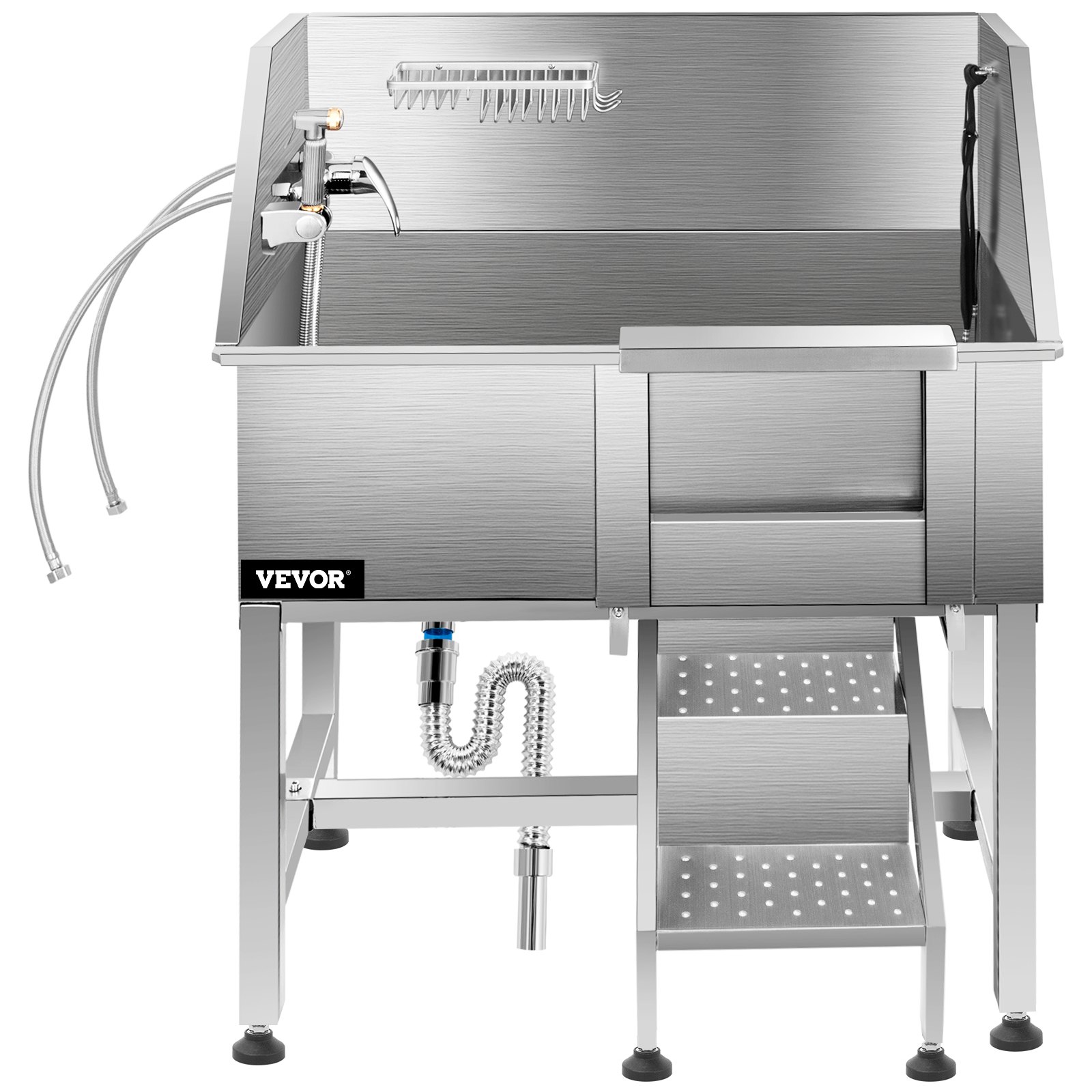 VEVOR Dog Grooming Tub, 38\" Pet Wash Station, Professional Stainless Steel Pet Grooming Tub Rated 180LBS Load Capacity, Non-Skid Dog Washing Station Comes with Ramp, Faucet, Sprayer and Drain Kit