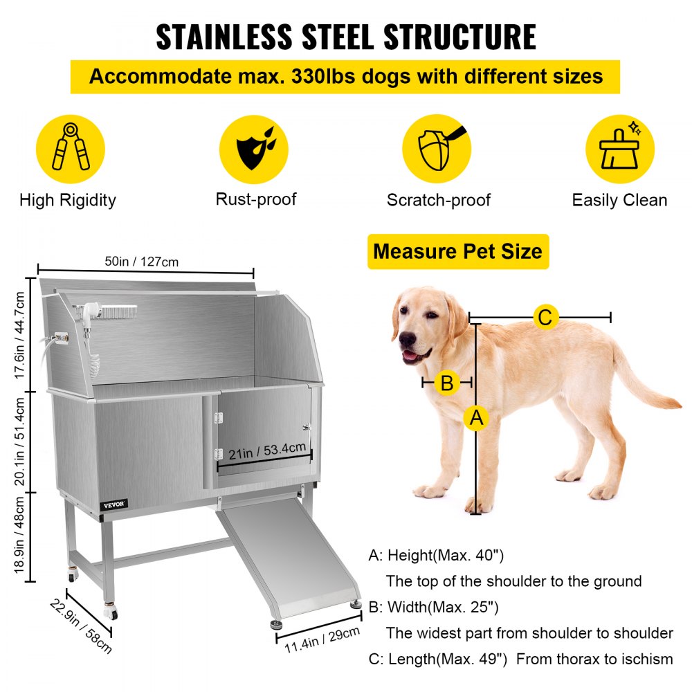 VEVOR Dog Grooming Tub, 50" R Pet Wash Station, Professional Stainless Steel Pet Grooming Tub Rated 330LBS Load Capacity, Non-Skid Dog Washing Station Comes with Ramp, Faucet, Sprayer and Drain Kit