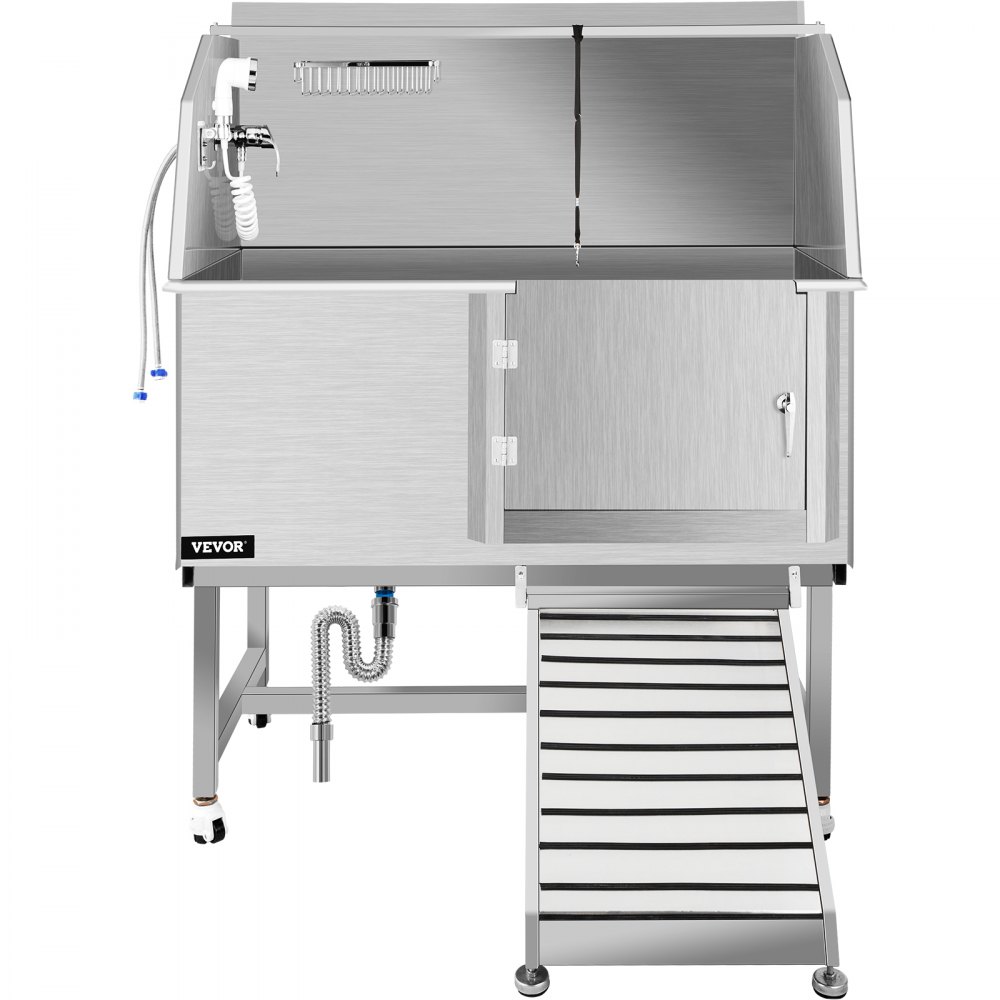 VEVOR Dog Grooming Tub, 50" R Pet Wash Station, Professional Stainless Steel Pet Grooming Tub Rated 330LBS Load Capacity, Non-Skid Dog Washing Station Comes with Ramp, Faucet, Sprayer and Drain Kit