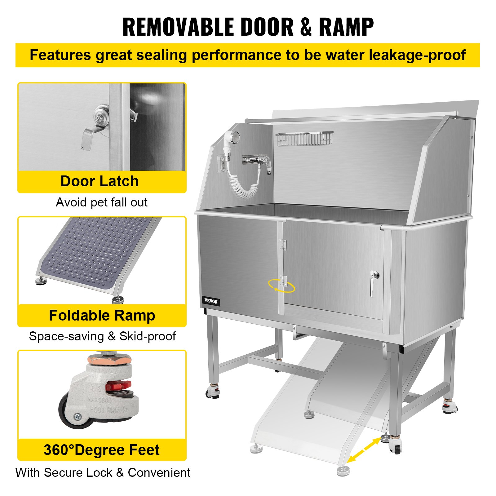 VEVOR Dog Grooming Tub, 50" R Pet Wash Station, Professional Stainless Steel Pet Grooming Tub Rated 330LBS Load Capacity, Non-Skid Dog Washing Station Comes with Ramp, Faucet, Sprayer and Drain Kit
