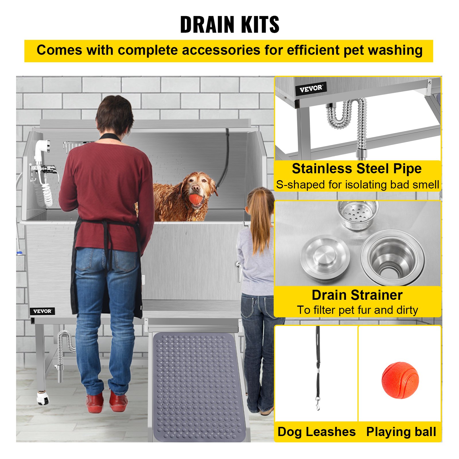 VEVOR Dog Grooming Tub, 50" R Pet Wash Station, Professional Stainless Steel Pet Grooming Tub Rated 330LBS Load Capacity, Non-Skid Dog Washing Station Comes with Ramp, Faucet, Sprayer and Drain Kit