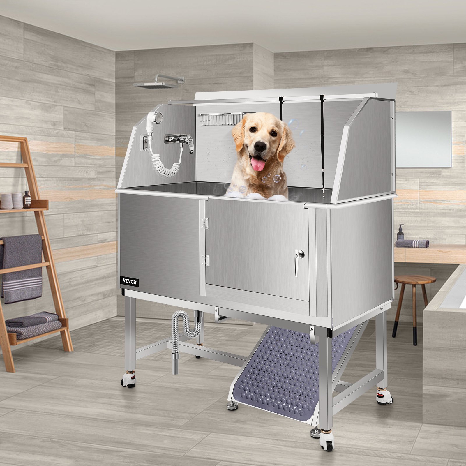 VEVOR Dog Grooming Tub, 50" R Pet Wash Station, Professional Stainless Steel Pet Grooming Tub Rated 330LBS Load Capacity, Non-Skid Dog Washing Station Comes with Ramp, Faucet, Sprayer and Drain Kit
