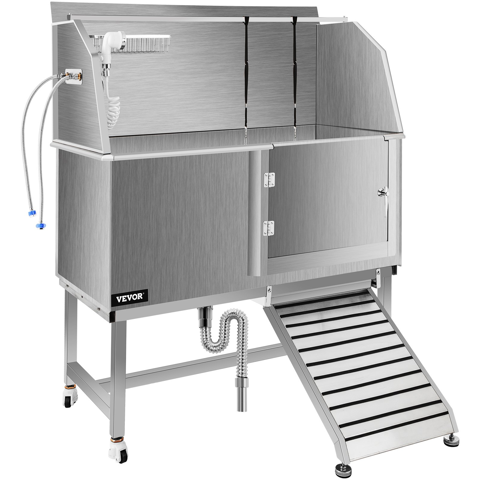 VEVOR Dog Grooming Tub, 50" R Pet Wash Station, Professional Stainless Steel Pet Grooming Tub Rated 330LBS Load Capacity, Non-Skid Dog Washing Station Comes with Ramp, Faucet, Sprayer and Drain Kit