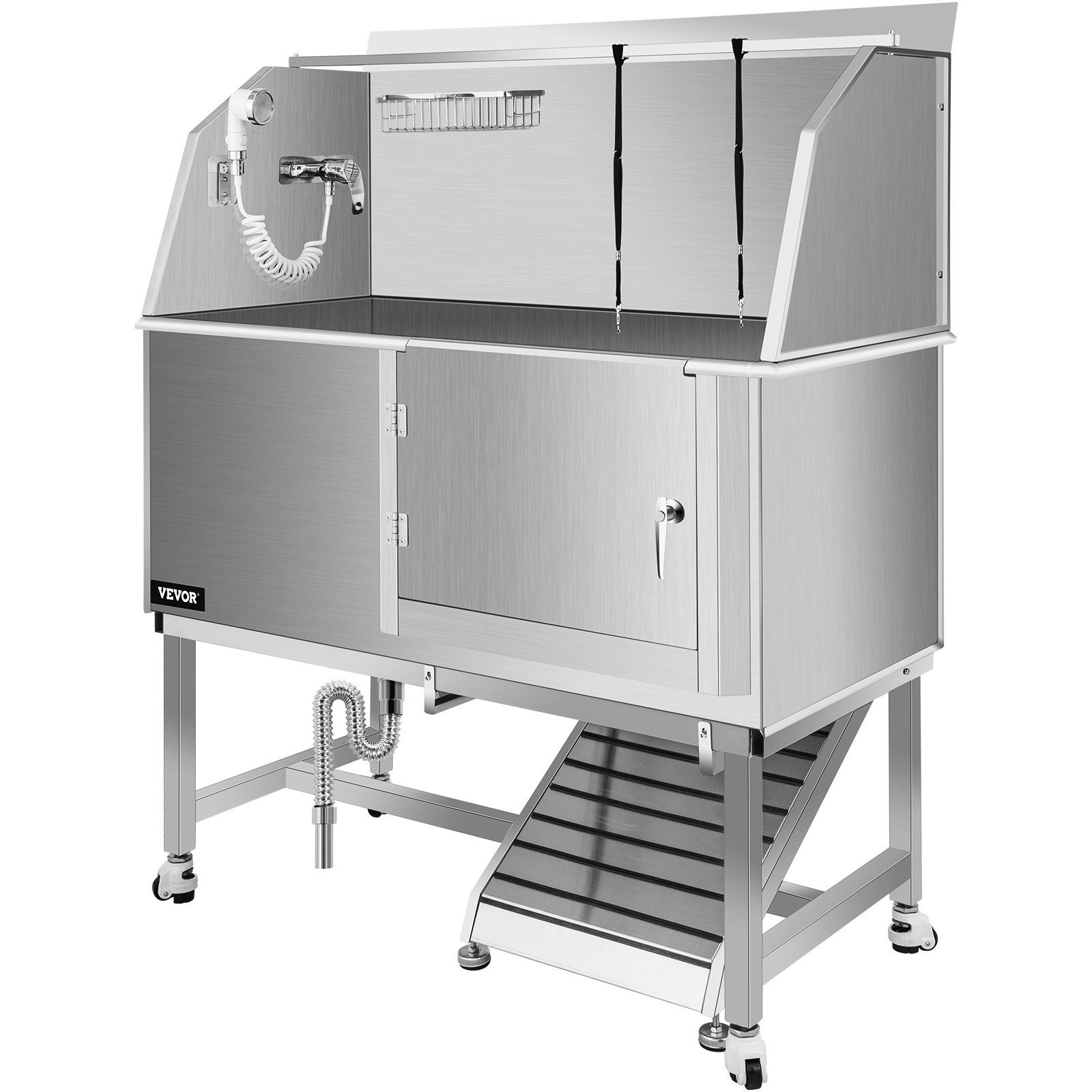 VEVOR Dog Grooming Tub, 50" R Pet Wash Station, Professional Stainless Steel Pet Grooming Tub Rated 330LBS Load Capacity, Non-Skid Dog Washing Station Comes with Ramp, Faucet, Sprayer and Drain Kit