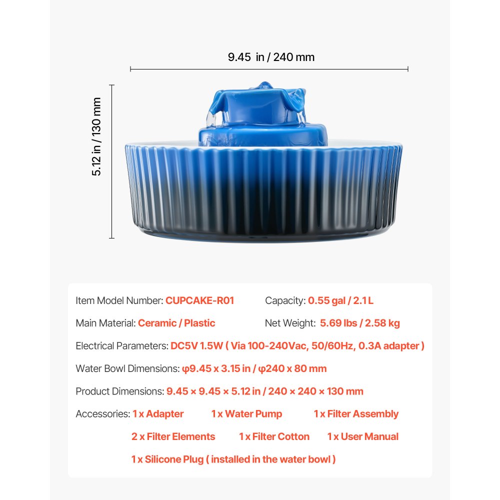 VEVOR Ceramic Cat Water Fountain, 2.1 L Cupcake Pet Fountain, Porcelain Cat Water Dispenser with Ultra-Quiet Pump, 360° Drinking Area and Multi-Layer Filtration System, for Cats & Dogs Drinking(Blue)