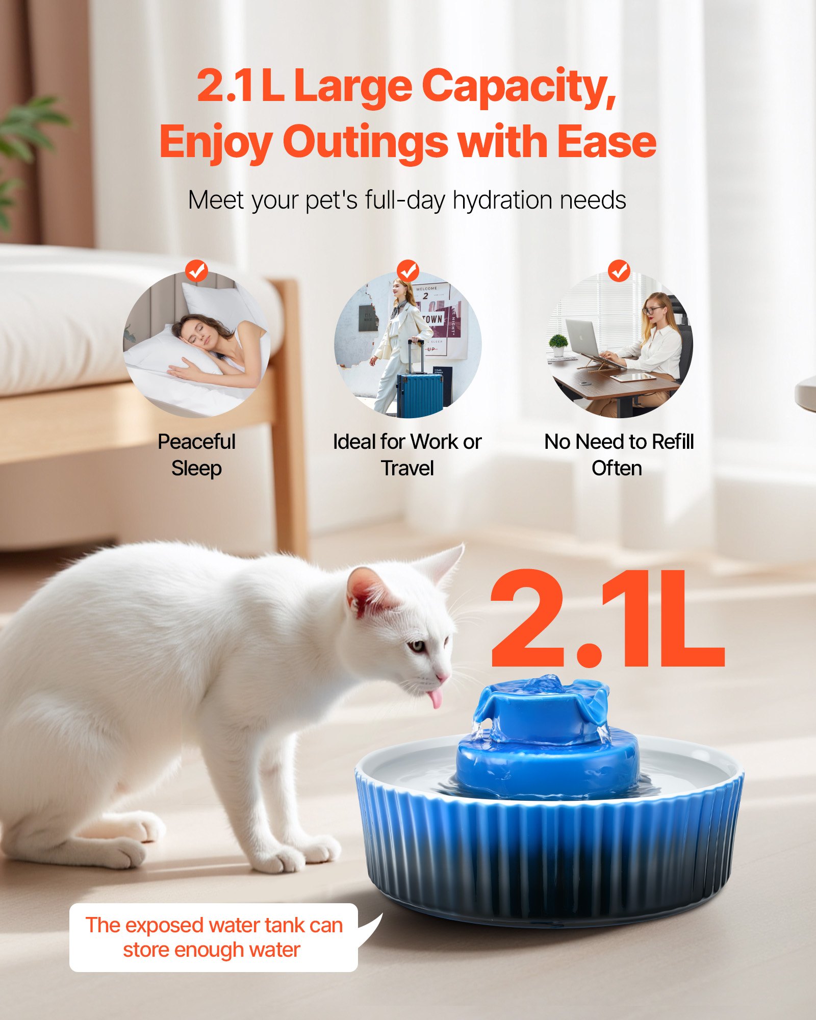 VEVOR Ceramic Cat Water Fountain, 2.1 L Cupcake Pet Fountain, Porcelain Cat Water Dispenser with Ultra-Quiet Pump, 360° Drinking Area and Multi-Layer Filtration System, for Cats & Dogs Drinking(Blue)