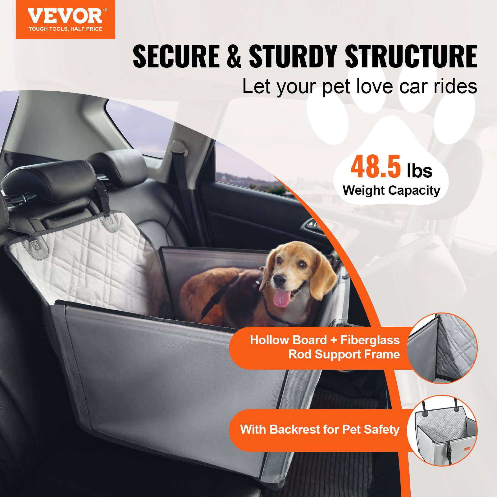 VEVOR Dog Car Seat, Waterproof Dog Booster Seat for Car with Support Frame, Pet Car Seat with Clip-On Safety Leash, Dog Car Bed for Small, Medium and Large Dog up to 22 kg, Gray