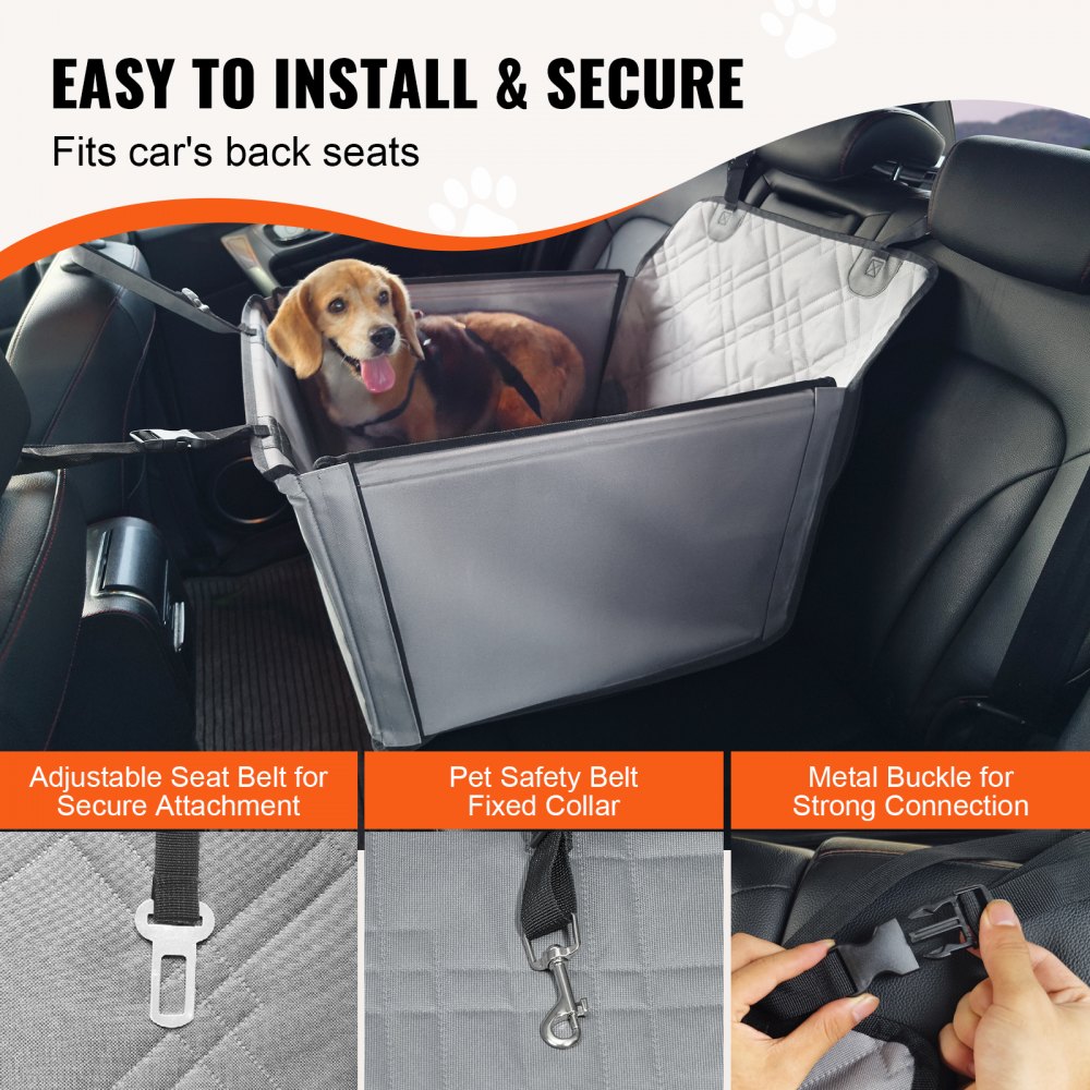 VEVOR Dog Car Seat, Waterproof Dog Booster Seat for Car with Support Frame, Pet Car Seat with Clip-On Safety Leash, Dog Car Bed for Small, Medium and Large Dog up to 40 lbs, Gray