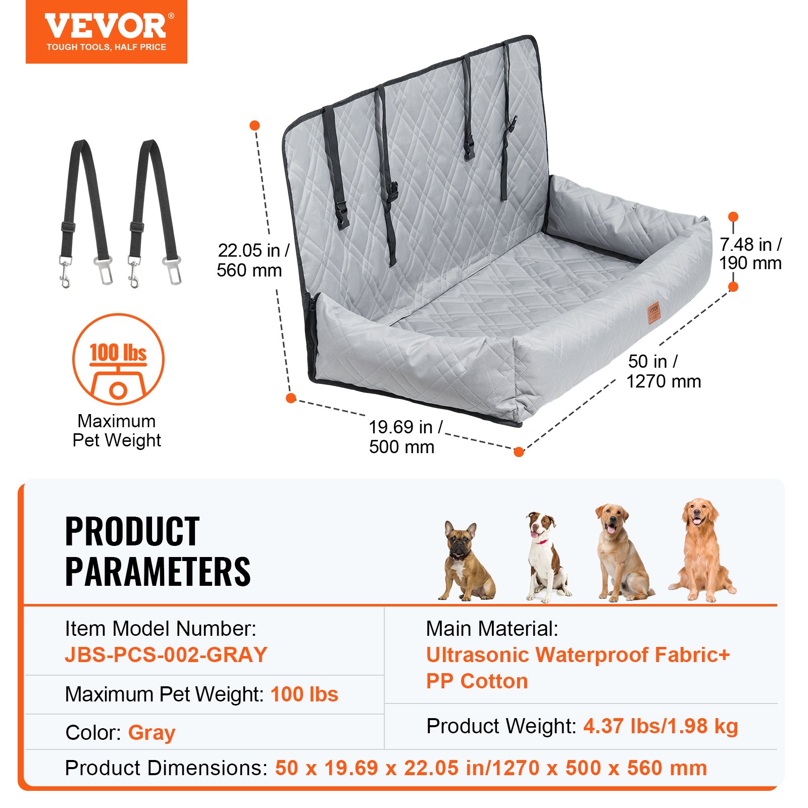 VEVOR Dog Car Seat, Waterproof Dog Booster Seat for Car, Pet Car Seat with Clip-On Safety Leash, PP Cotton Filling, Dog Car Bed for Medium & Large Dog up to 45.4 kg, Gray