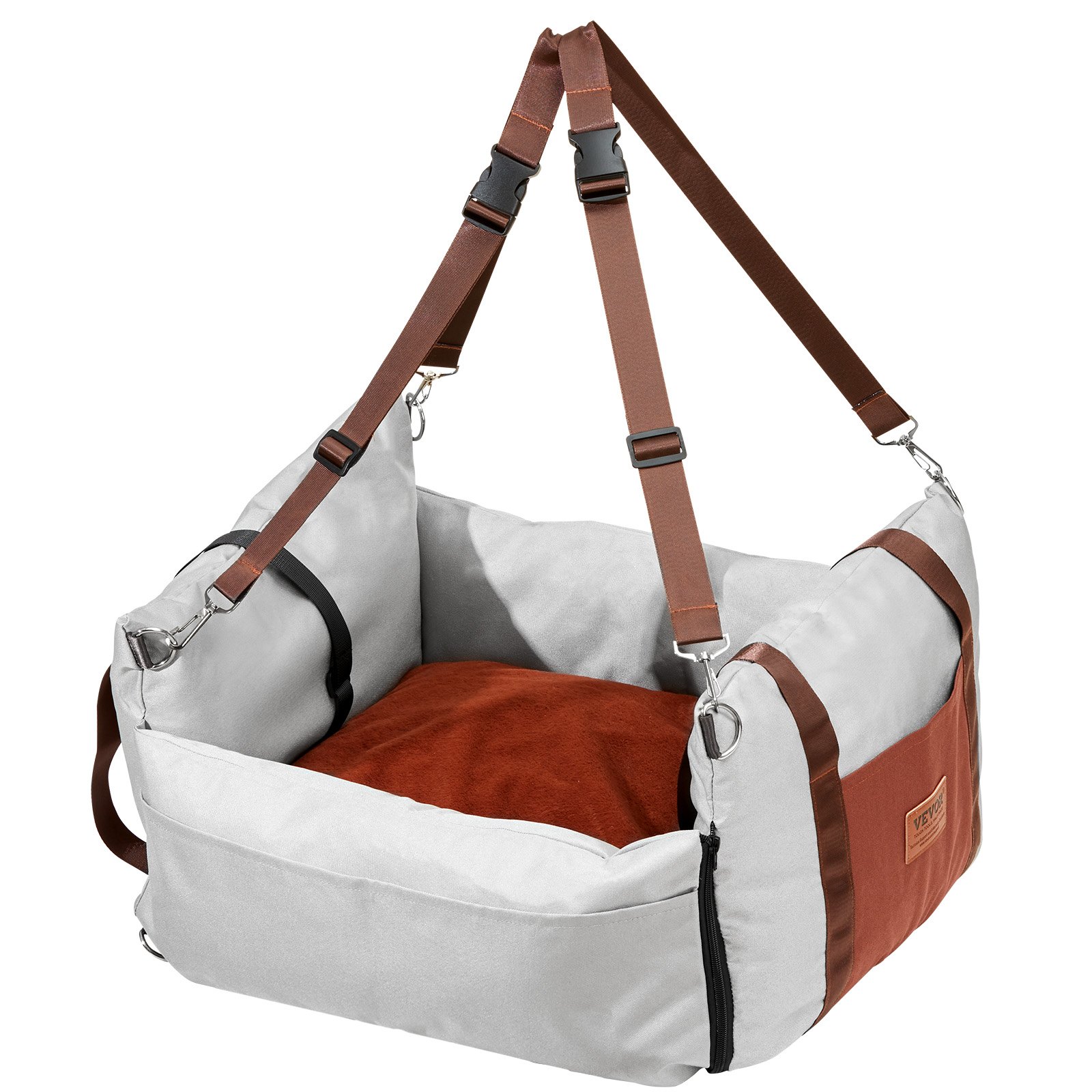 VEVOR Dog Car Seat, Waterproof Dog Booster Seat for Car with Side Handles and A Storage Pocket, Clip-On Safety Leash and PP Cotton Filling, Dog Car Bed for Small Dog up to 11.3 kg, Gray