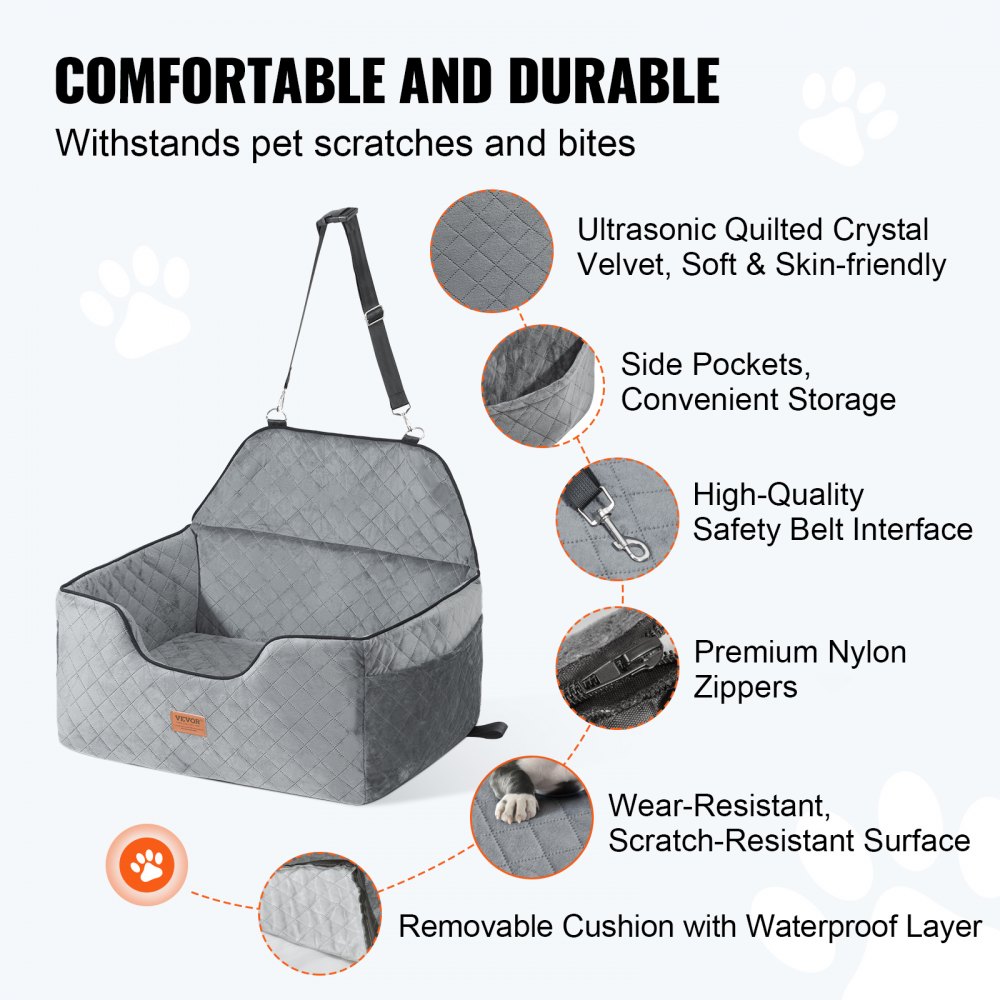 VEVOR Dog Car Seat, Dog Booster Seat for Car with A Storage Pocket, Pet Car Seat with Clip-On Safety Leash, Sponge Filling, Dog Car Bed for Medium & Large Dog up to 24.9 kg, Gray