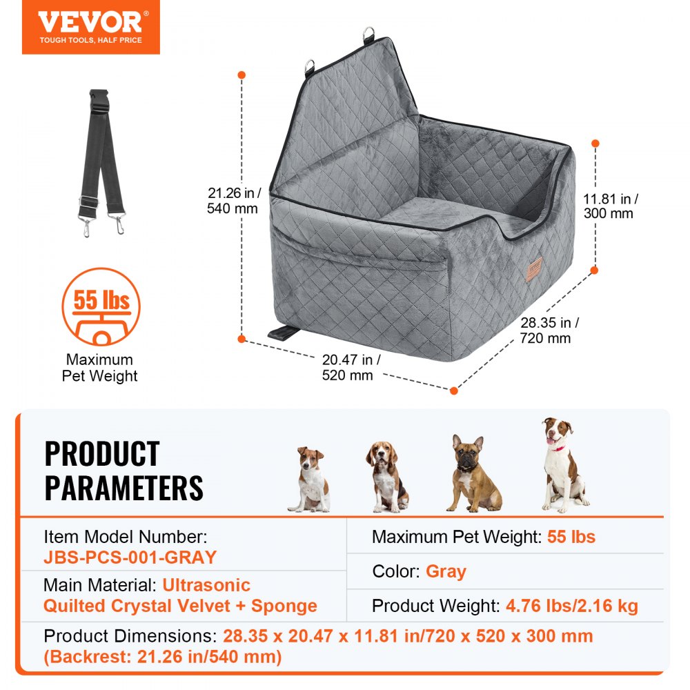 VEVOR Dog Car Seat, Dog Booster Seat for Car with A Storage Pocket, Pet Car Seat with Clip-On Safety Leash, Sponge Filling, Dog Car Bed for Medium & Large Dog up to 24.9 kg, Gray