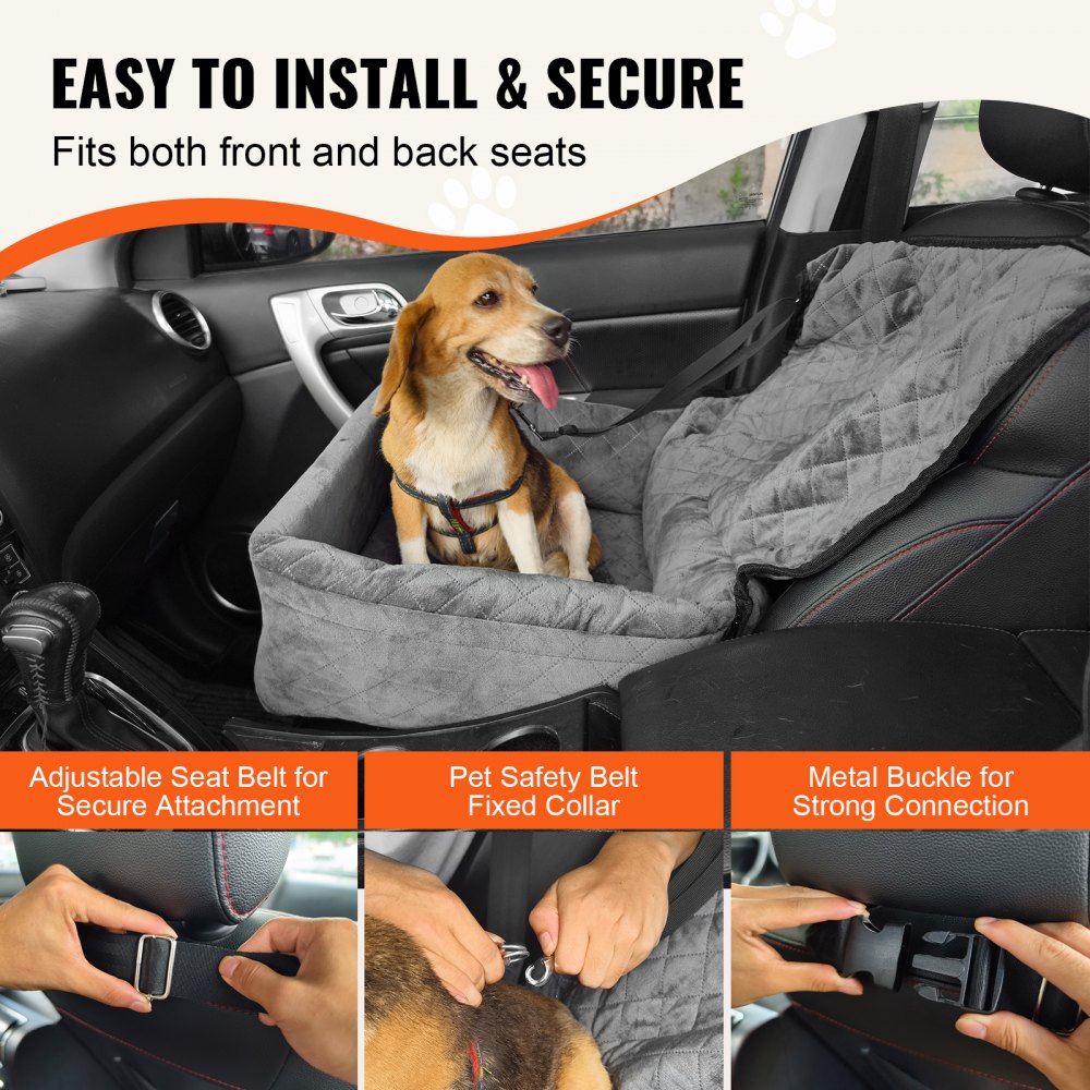VEVOR Dog Car Seat, Dog Booster Seat for Car with A Storage Pocket, Clip-On Safety Leash, Sponge and PP Cotton Filling, Dog Car Bed for Small & Medium Dog up to 40lbs, Gray