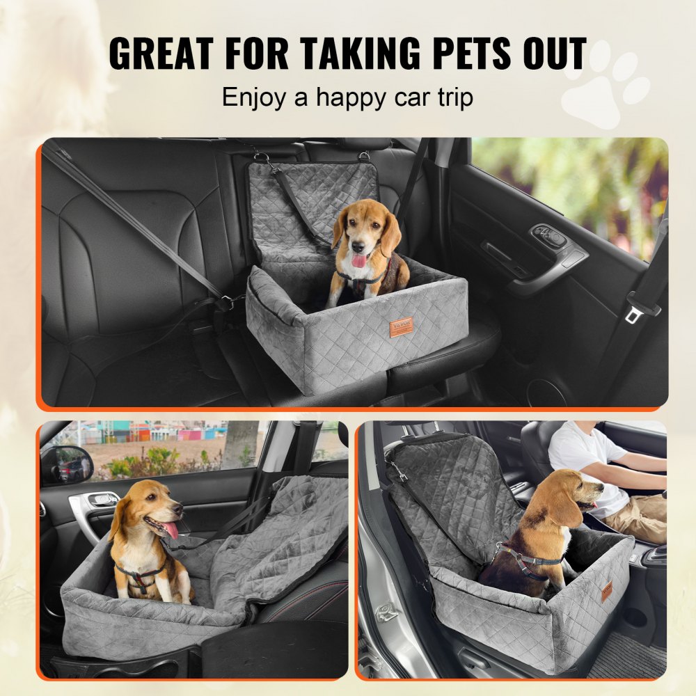 VEVOR Dog Car Seat, Dog Booster Seat for Car with A Storage Pocket, Clip-On Safety Leash, Sponge and PP Cotton Filling, Dog Car Bed for Small & Medium Dog up to 40lbs, Gray