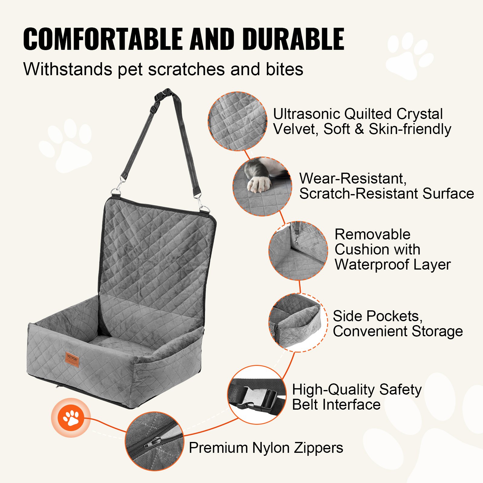 VEVOR Dog Car Seat, Dog Booster Seat for Car with A Storage Pocket, Clip-On Safety Leash, Sponge and PP Cotton Filling, Dog Car Bed for Small & Medium Dog up to 40lbs, Gray