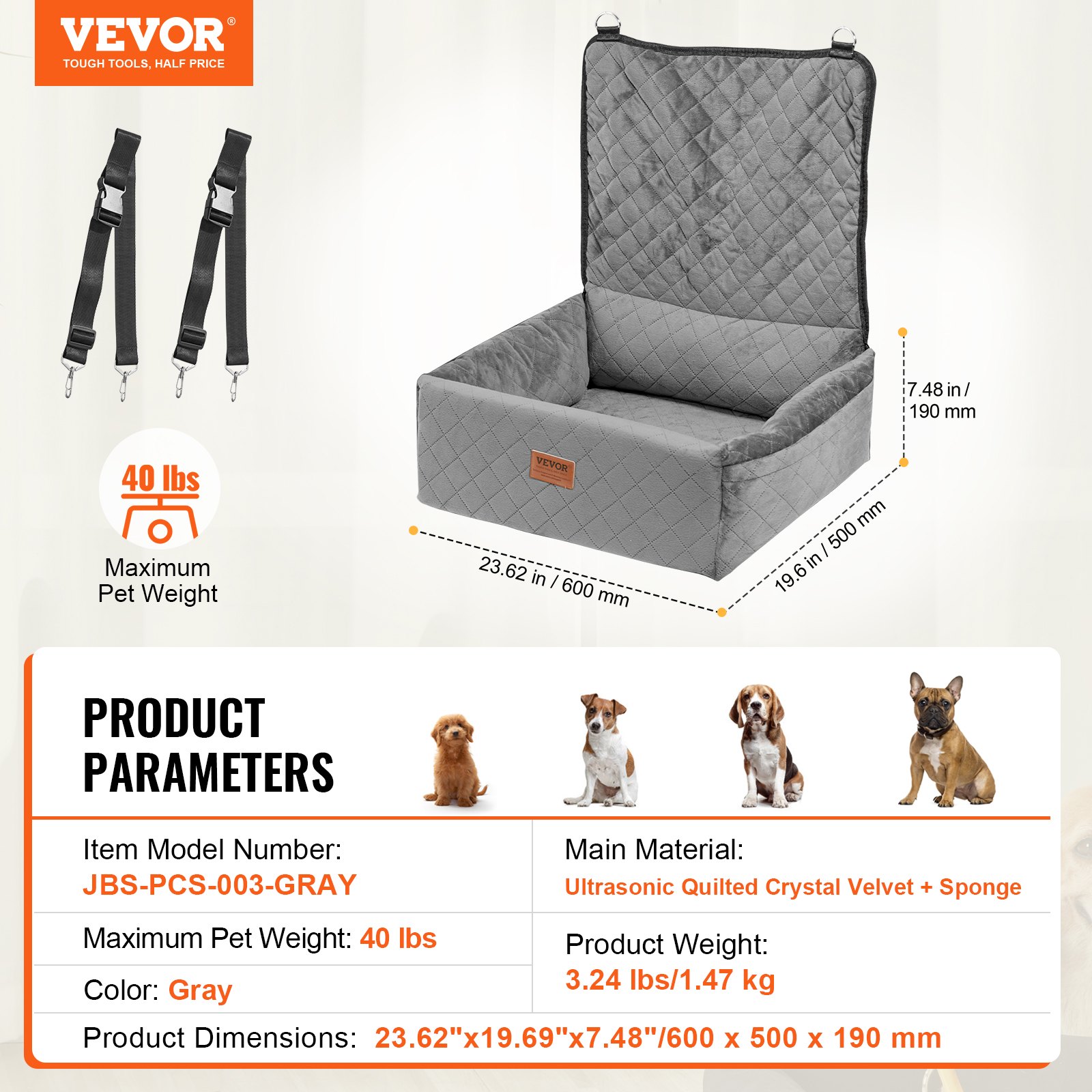 VEVOR Dog Car Seat, Dog Booster Seat for Car with A Storage Pocket, Clip-On Safety Leash, Sponge and PP Cotton Filling, Dog Car Bed for Small & Medium Dog up to 40lbs, Gray