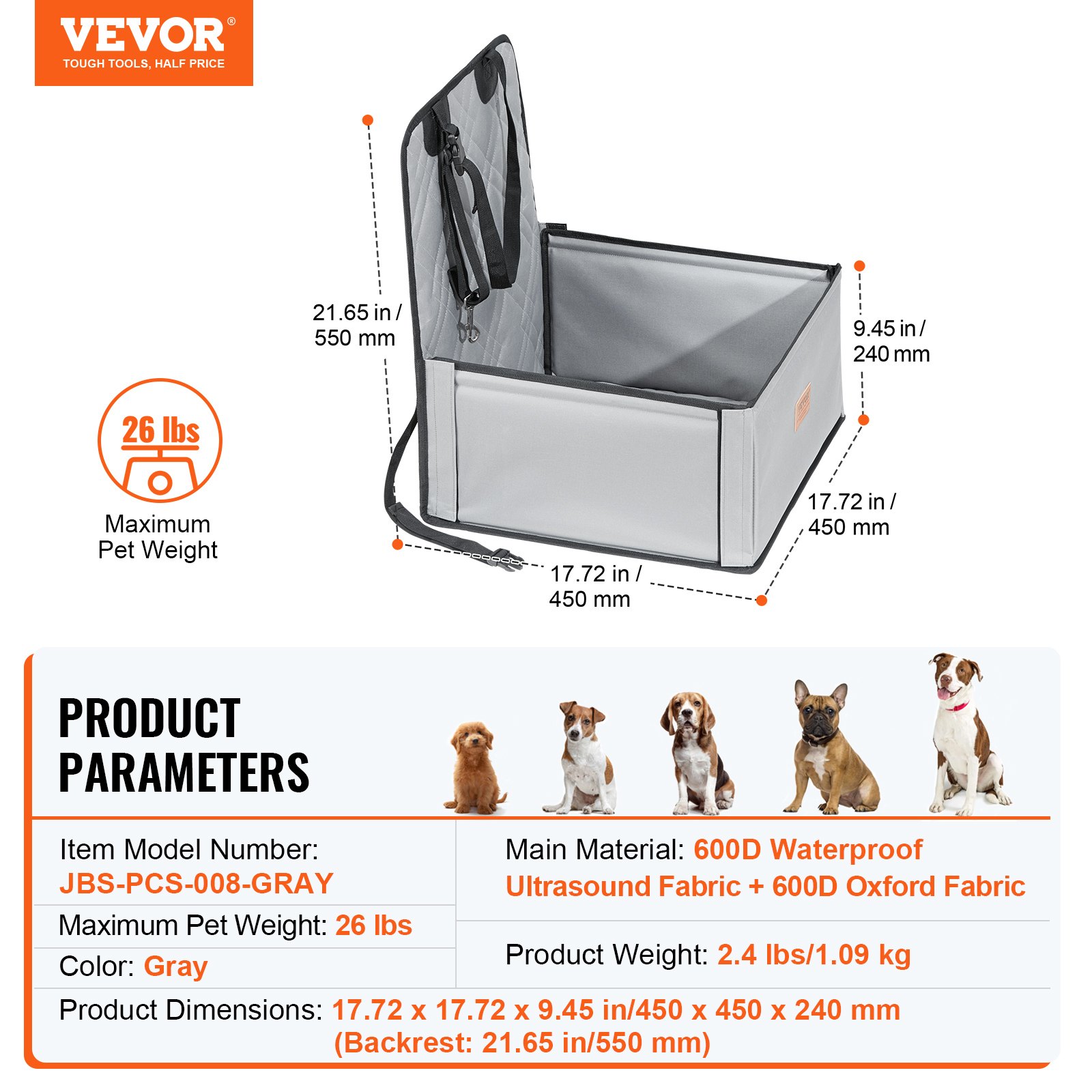 VEVOR Dog Car Seat, Dog Booster Seat for Car with  Support Frame, Pet Car Seat with Clip-On Safety Leash, Cotton Filling, Dog Car Bed for Small Dog up to 26 lbs, Gray