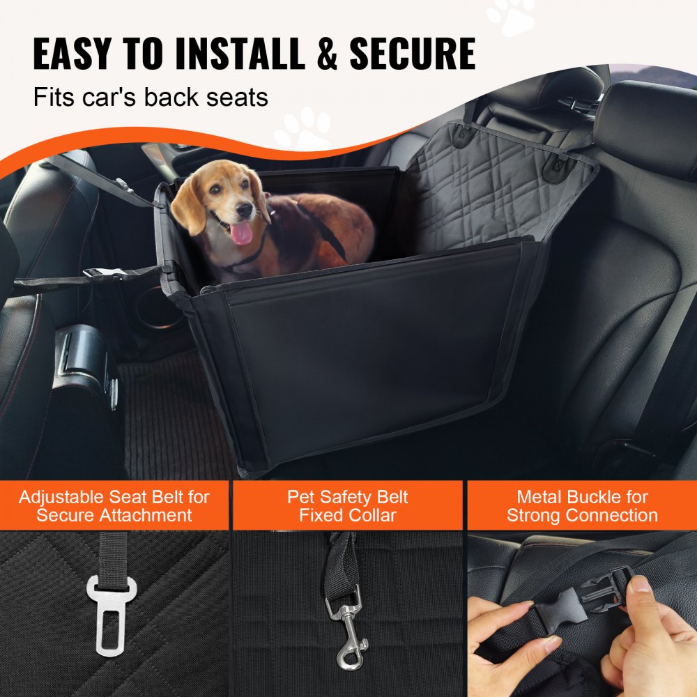 VEVOR Dog Car Seat, Waterproof Dog Booster Seat for Car with Support Frame, Pet Car Seat with Clip-On Safety Leash, Dog Car Bed for Small, Medium and Large Dog up to 40 lbs, Black