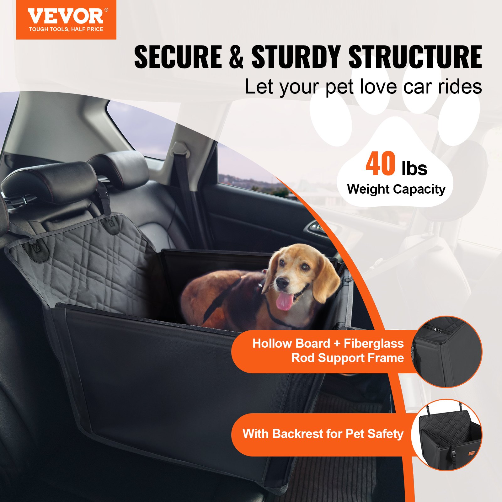 VEVOR Dog Car Seat, Waterproof Dog Booster Seat for Car with Support Frame, Pet Car Seat with Clip-On Safety Leash, Dog Car Bed for Small, Medium and Large Dog up to 40 lbs, Black
