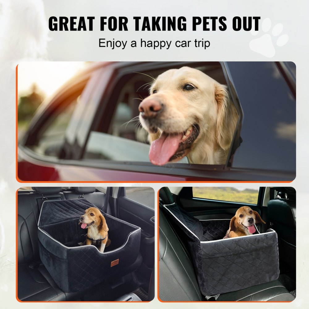 VEVOR Dog Car Seat, Dog Booster Seat for Car with A Storage Pocket, Pet Car Seat with Clip-On Safety Leash, Sponge Filling, Dog Car Bed for Medium & Large Dog up to 24.9 kg, Black