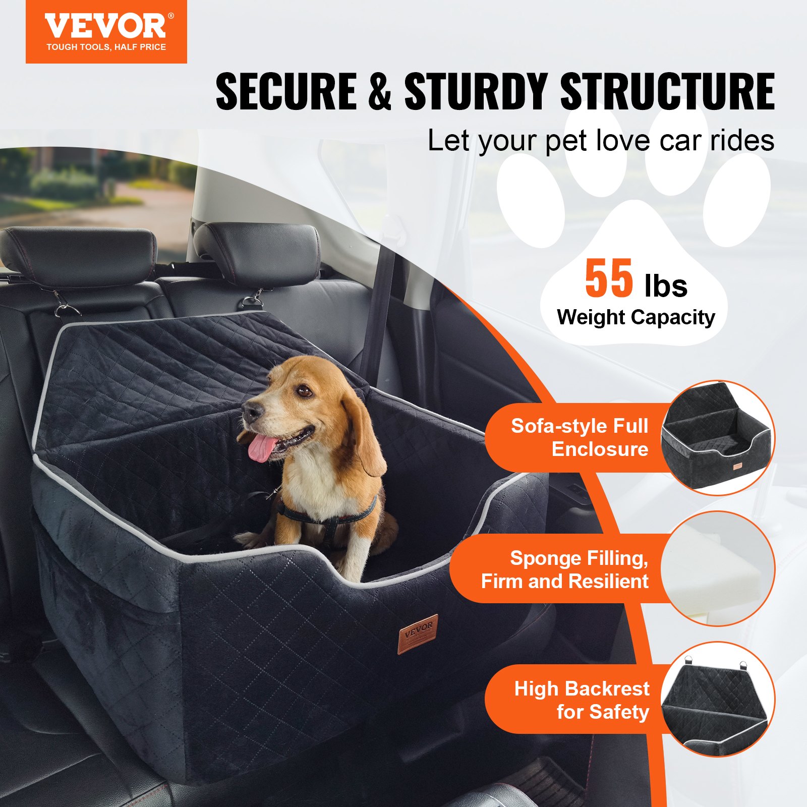 VEVOR Dog Car Seat, Dog Booster Seat for Car with A Storage Pocket, Pet Car Seat with Clip-On Safety Leash, Sponge Filling, Dog Car Bed for Medium & Large Dog up to 24.9 kg, Black