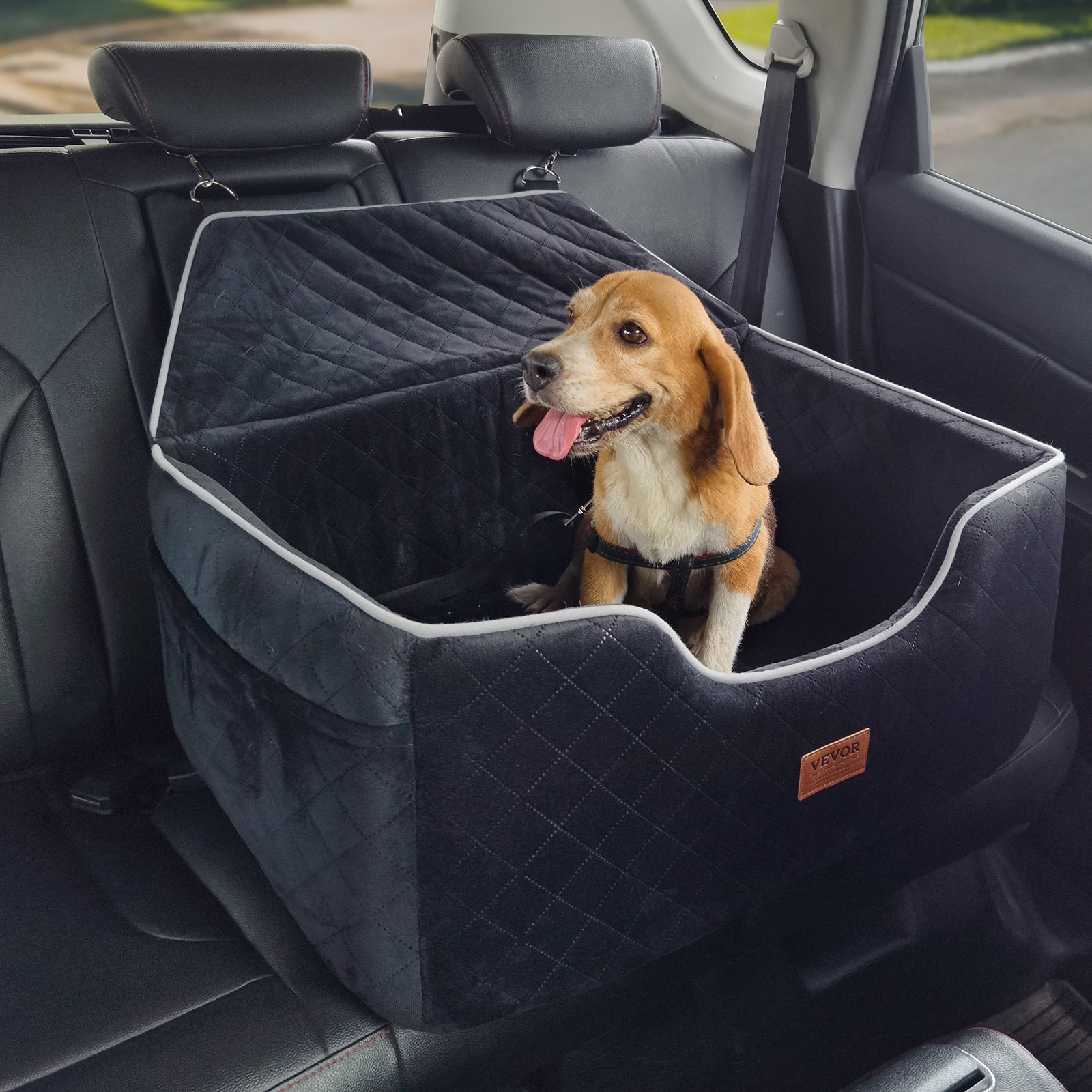 VEVOR Dog Car Seat, Dog Booster Seat for Car with A Storage Pocket, Pet Car Seat with Clip-On Safety Leash, Sponge Filling, Dog Car Bed for Medium & Large Dog up to 24.9 kg, Black
