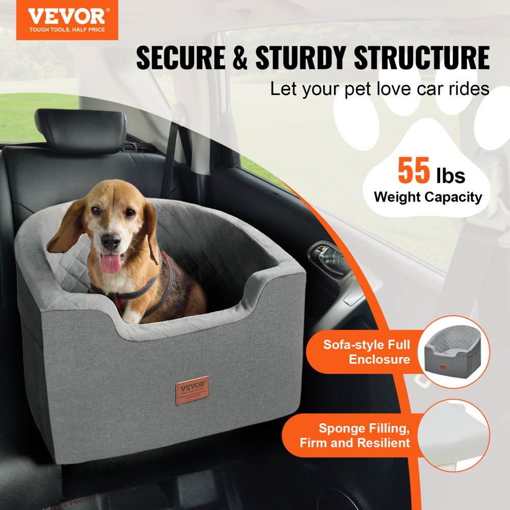 VEVOR Dog Car Seat, Waterproof Dog Booster Seat for Car with A Storage Pocket, Clip-On Safety Leash and Sponge Filling, Dog Car Bed for Small & Medium Dog up to 24.9 kg, Gray