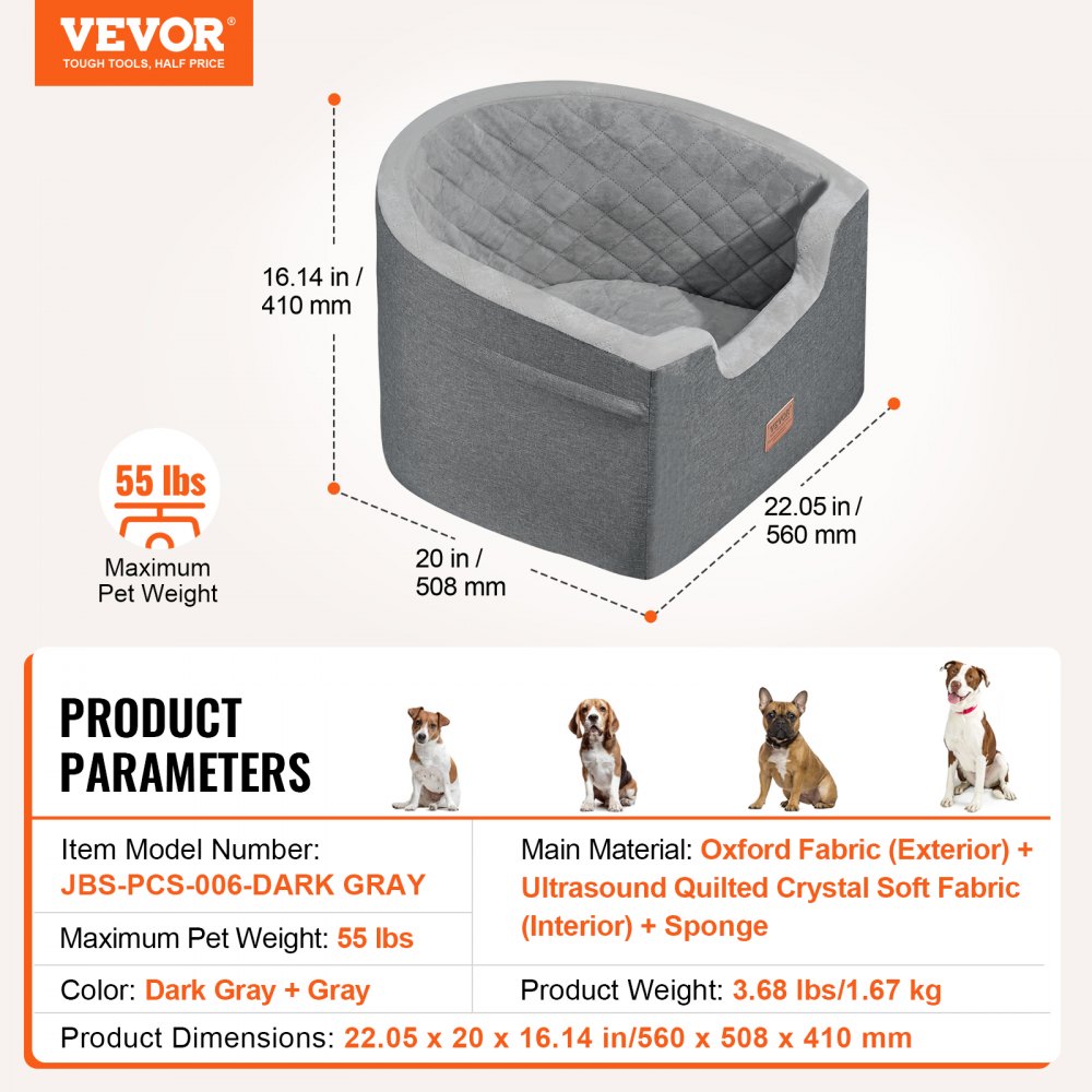 VEVOR Dog Car Seat, Waterproof Dog Booster Seat for Car with A Storage Pocket, Clip-On Safety Leash and Sponge Filling, Dog Car Bed for Small & Medium Dog up to 24.9 kg, Gray